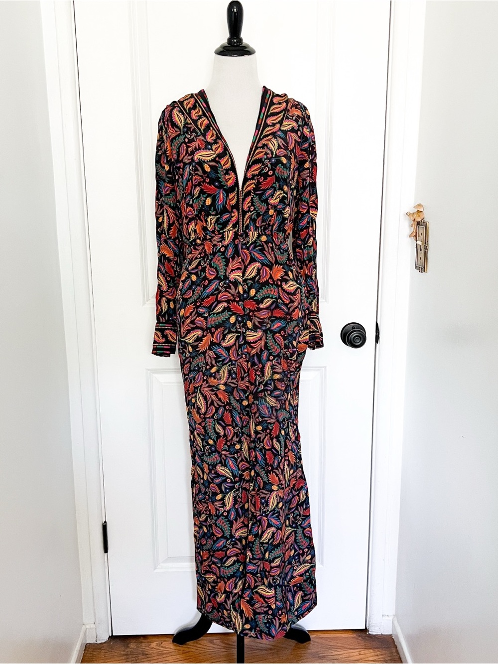 FARM Rio Black Maxi Jumpsuit with Multicolor Leaf Print - Small